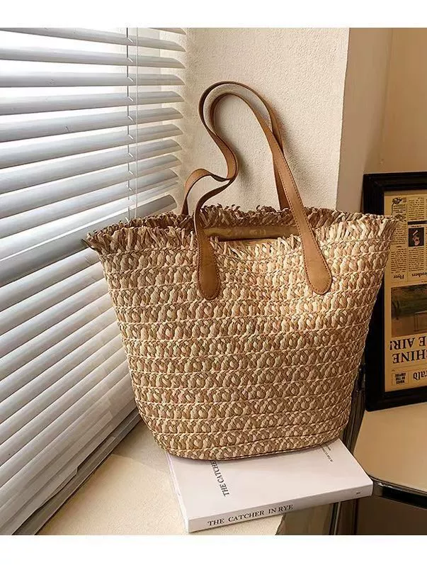 Fringe Plaid Paper Straw Tote Bag, Minimal Urban Style Leather Shoulder Strap Zipper Woven Shopper Purse, Medium Vertical Square Summer Daily Handbag