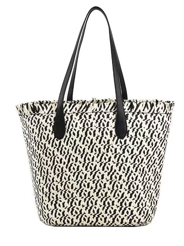 Fringe Plaid Paper Straw Tote Bag, Minimal Urban Style Leather Shoulder Strap Zipper Woven Shopper Purse, Medium Vertical Square Summer Daily Handbag