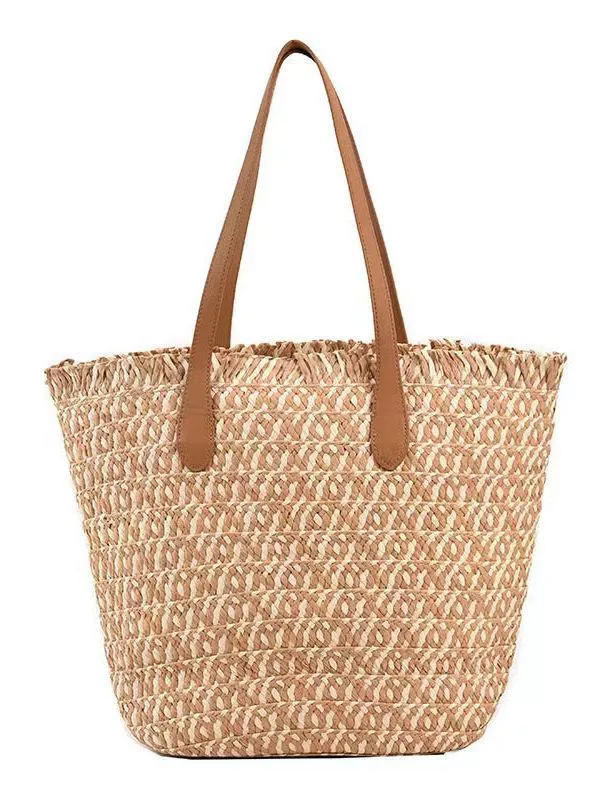 Fringe Plaid Paper Straw Tote Bag, Minimal Urban Style Leather Shoulder Strap Zipper Woven Shopper Purse, Medium Vertical Square Summer Daily Handbag