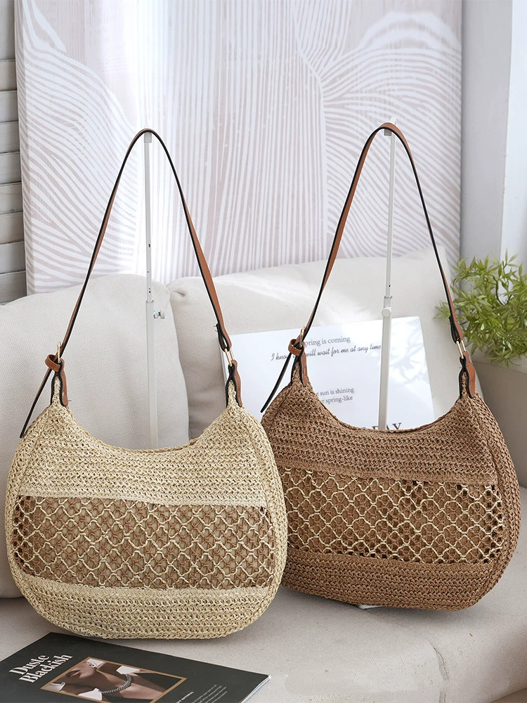 Hollow Woven Straw Hobo Underarm Bag, Urban Minimalist Zipper Shoulder Purse, Medium Oval Spring Daily Handbag in Khaki, Off White