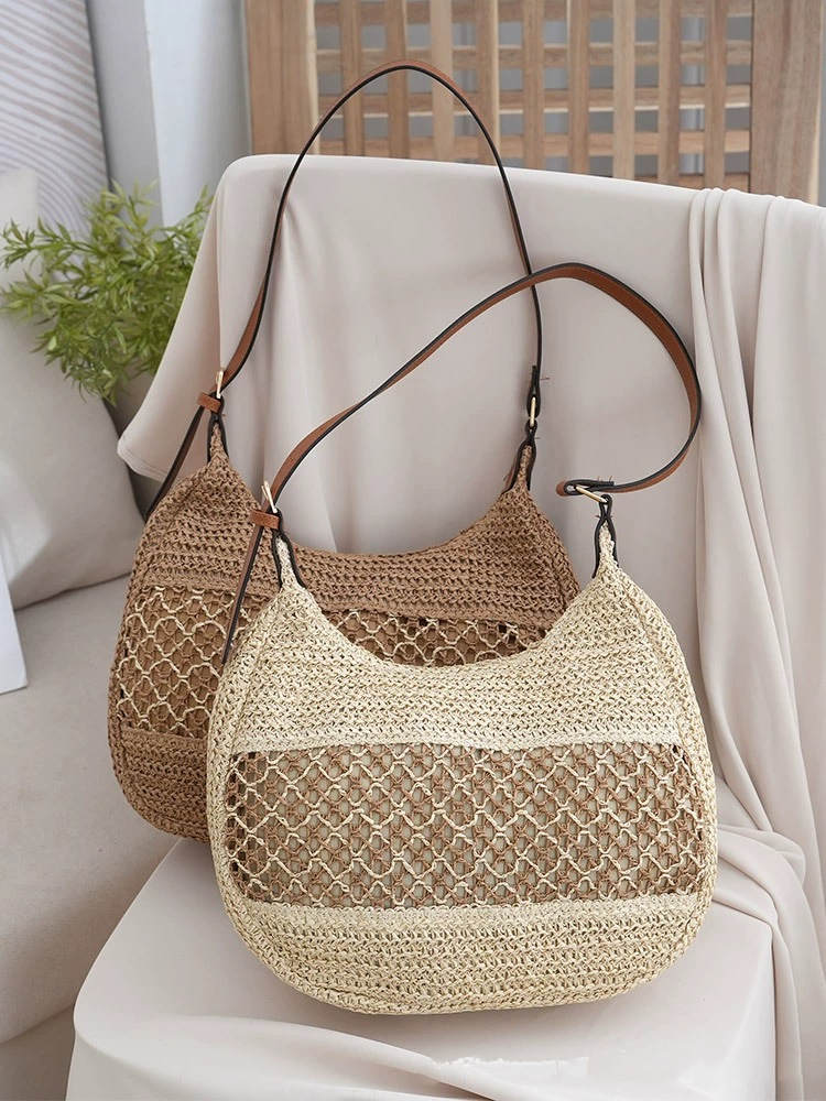 Hollow Woven Straw Hobo Underarm Bag, Urban Minimalist Zipper Shoulder Purse, Medium Oval Spring Daily Handbag in Khaki, Off White