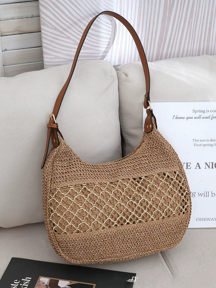 Hollow Woven Straw Hobo Underarm Bag, Urban Minimalist Zipper Shoulder Purse, Medium Oval Spring Daily Handbag in Khaki, Off White