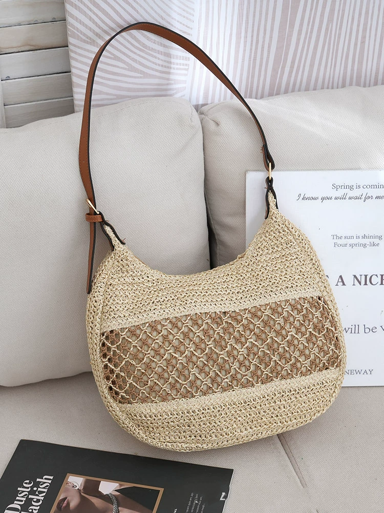 Hollow Woven Straw Hobo Underarm Bag, Urban Minimalist Zipper Shoulder Purse, Medium Oval Spring Daily Handbag in Khaki, Off White