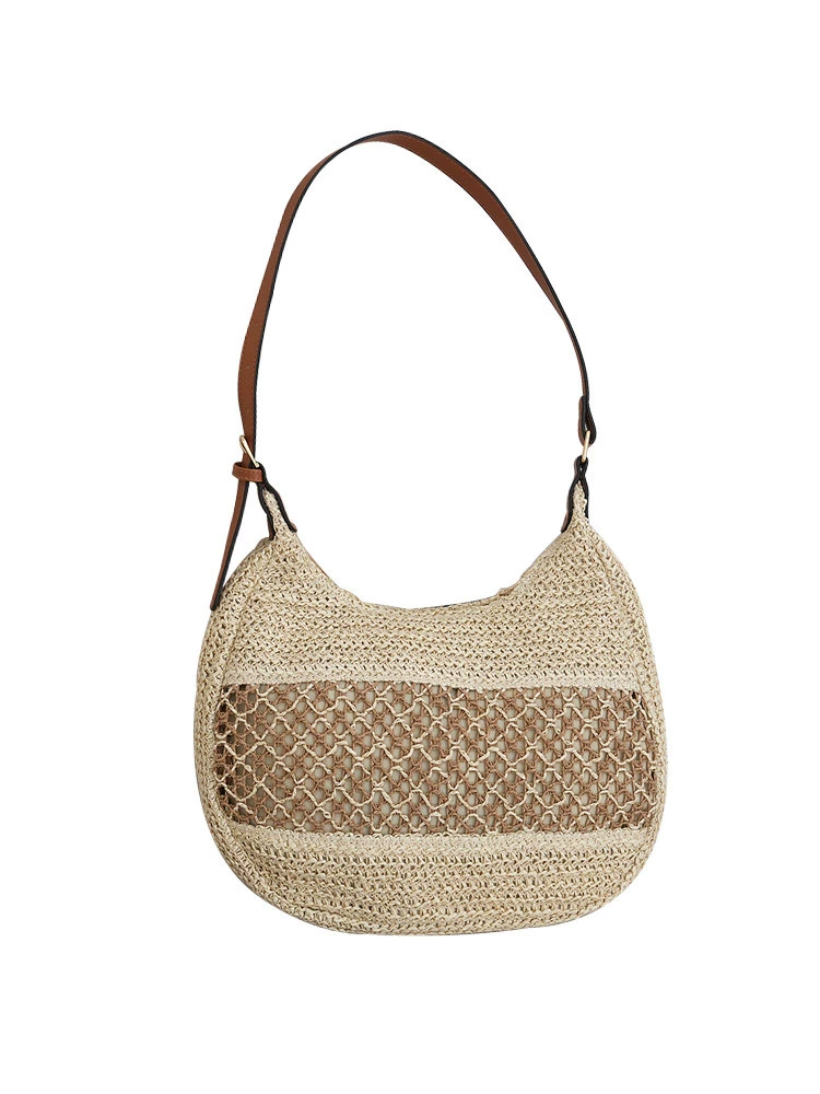 Hollow Woven Straw Hobo Underarm Bag, Urban Minimalist Zipper Shoulder Purse, Medium Oval Spring Daily Handbag in Khaki, Off White