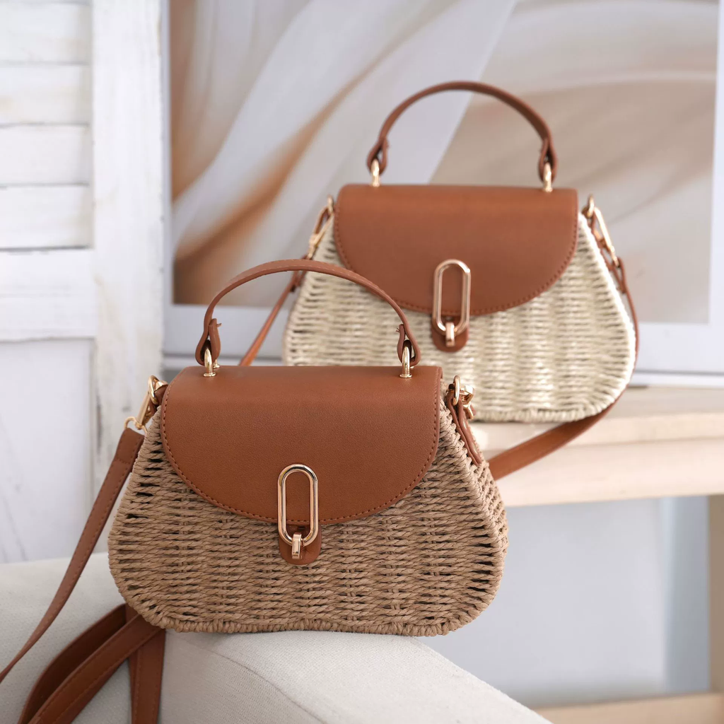Paper Woven Mini Satchel Straw Crossbody Bag, Urban Minimalist Metal Lock Flap Top Handle Purse, Small Oval Spring 2026 Daily Handbag