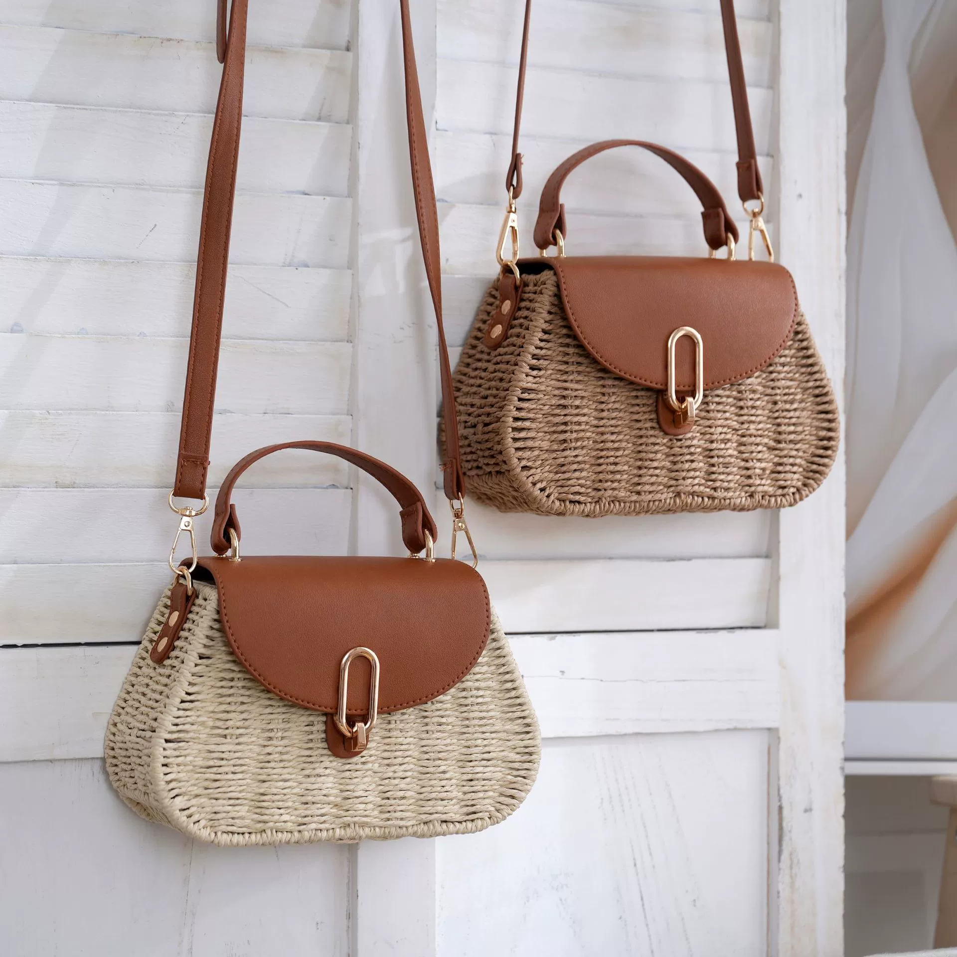 Paper Woven Mini Satchel Straw Crossbody Bag, Urban Minimalist Metal Lock Flap Top Handle Purse, Small Oval Spring 2026 Daily Handbag