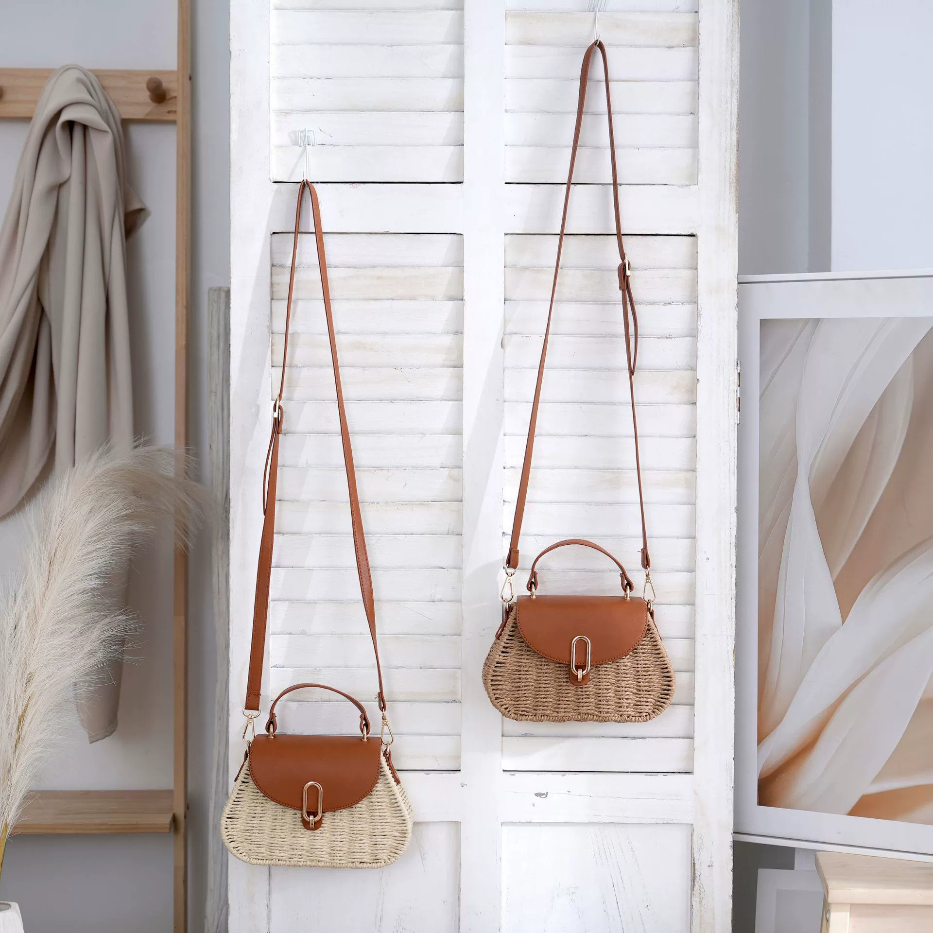 Paper Woven Mini Satchel Straw Crossbody Bag, Urban Minimalist Metal Lock Flap Top Handle Purse, Small Oval Spring 2026 Daily Handbag
