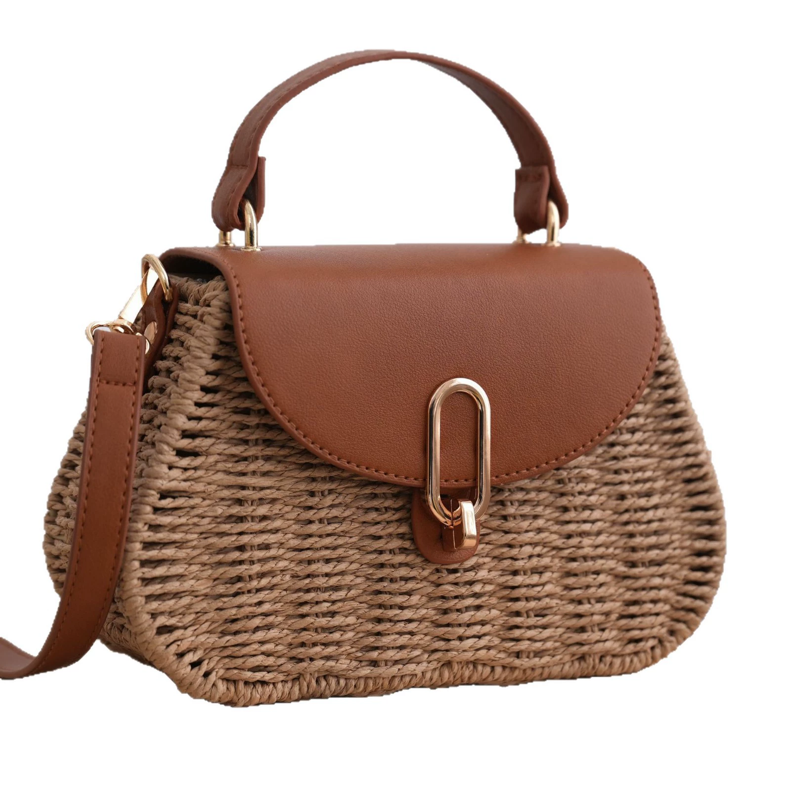 Paper Woven Mini Satchel Straw Crossbody Bag, Urban Minimalist Metal Lock Flap Top Handle Purse, Small Oval Spring 2026 Daily Handbag