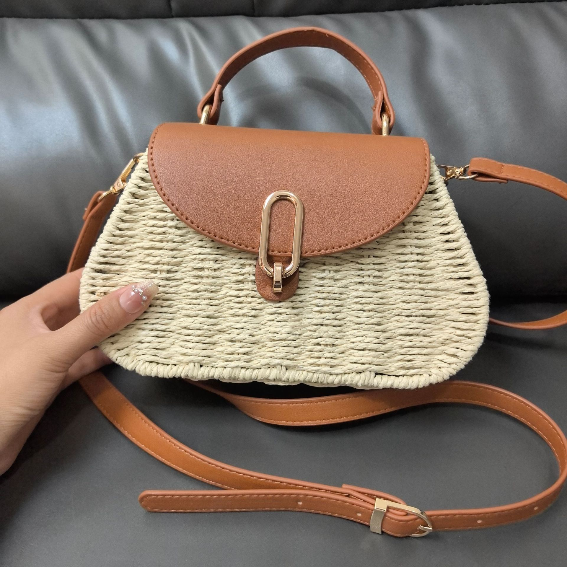 Paper Woven Mini Satchel Straw Crossbody Bag, Urban Minimalist Metal Lock Flap Top Handle Purse, Small Oval Spring 2026 Daily Handbag