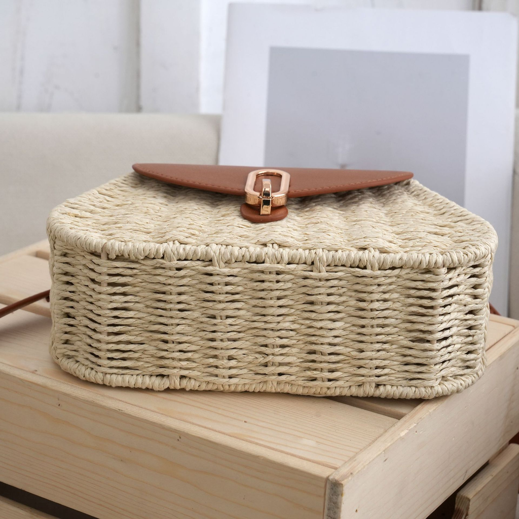 Paper Woven Mini Satchel Straw Crossbody Bag, Urban Minimalist Metal Lock Flap Top Handle Purse, Small Oval Spring 2026 Daily Handbag