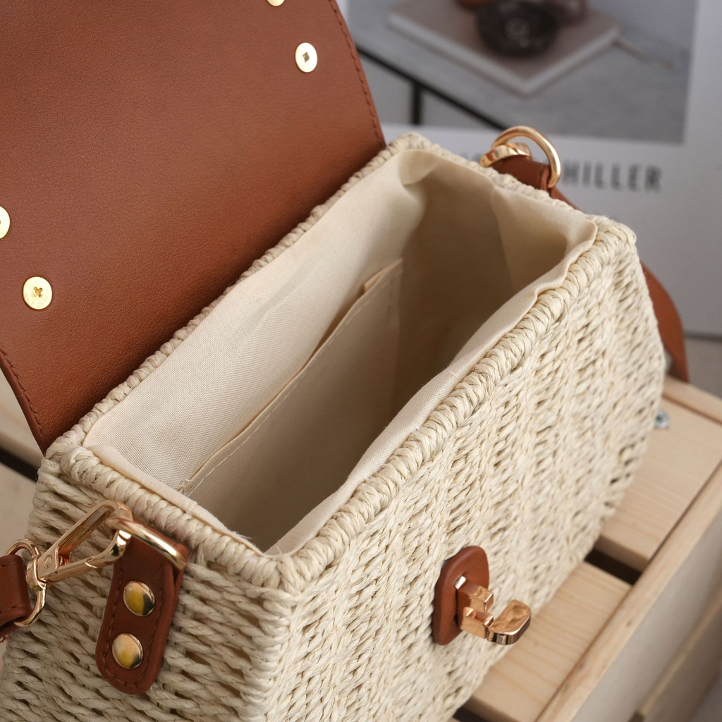 Paper Woven Mini Satchel Straw Crossbody Bag, Urban Minimalist Metal Lock Flap Top Handle Purse, Small Oval Spring 2026 Daily Handbag