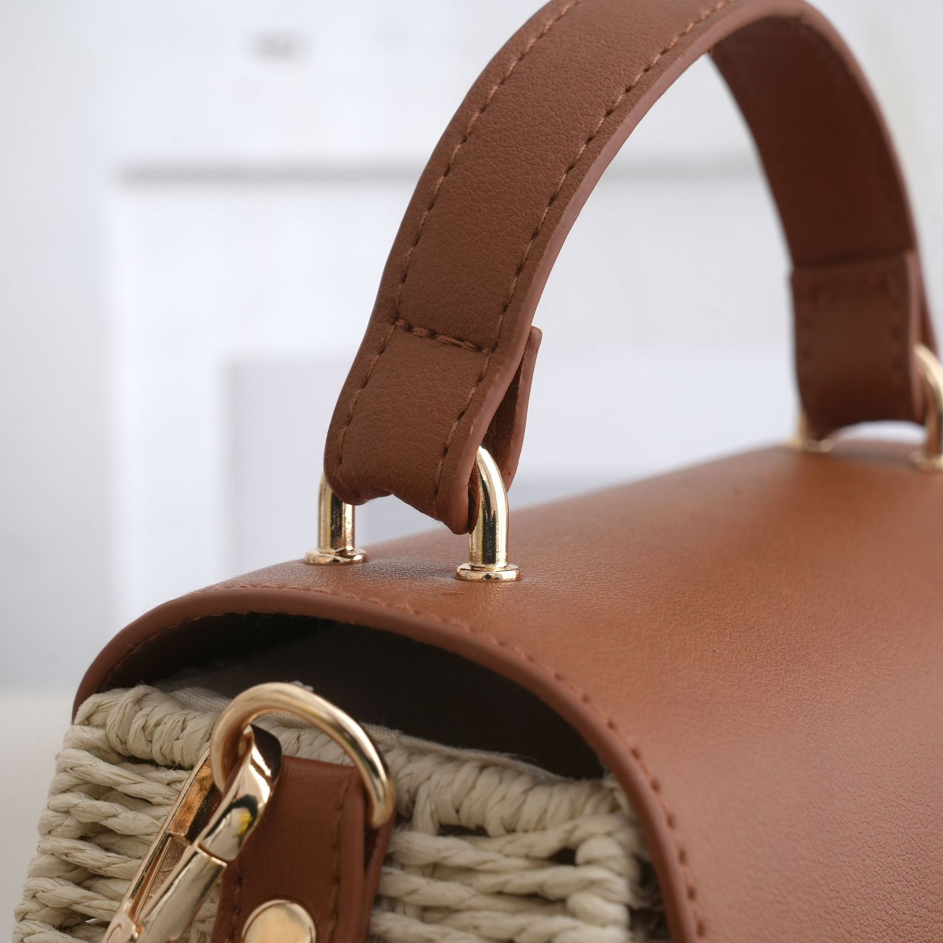 Paper Woven Mini Satchel Straw Crossbody Bag, Urban Minimalist Metal Lock Flap Top Handle Purse, Small Oval Spring 2026 Daily Handbag