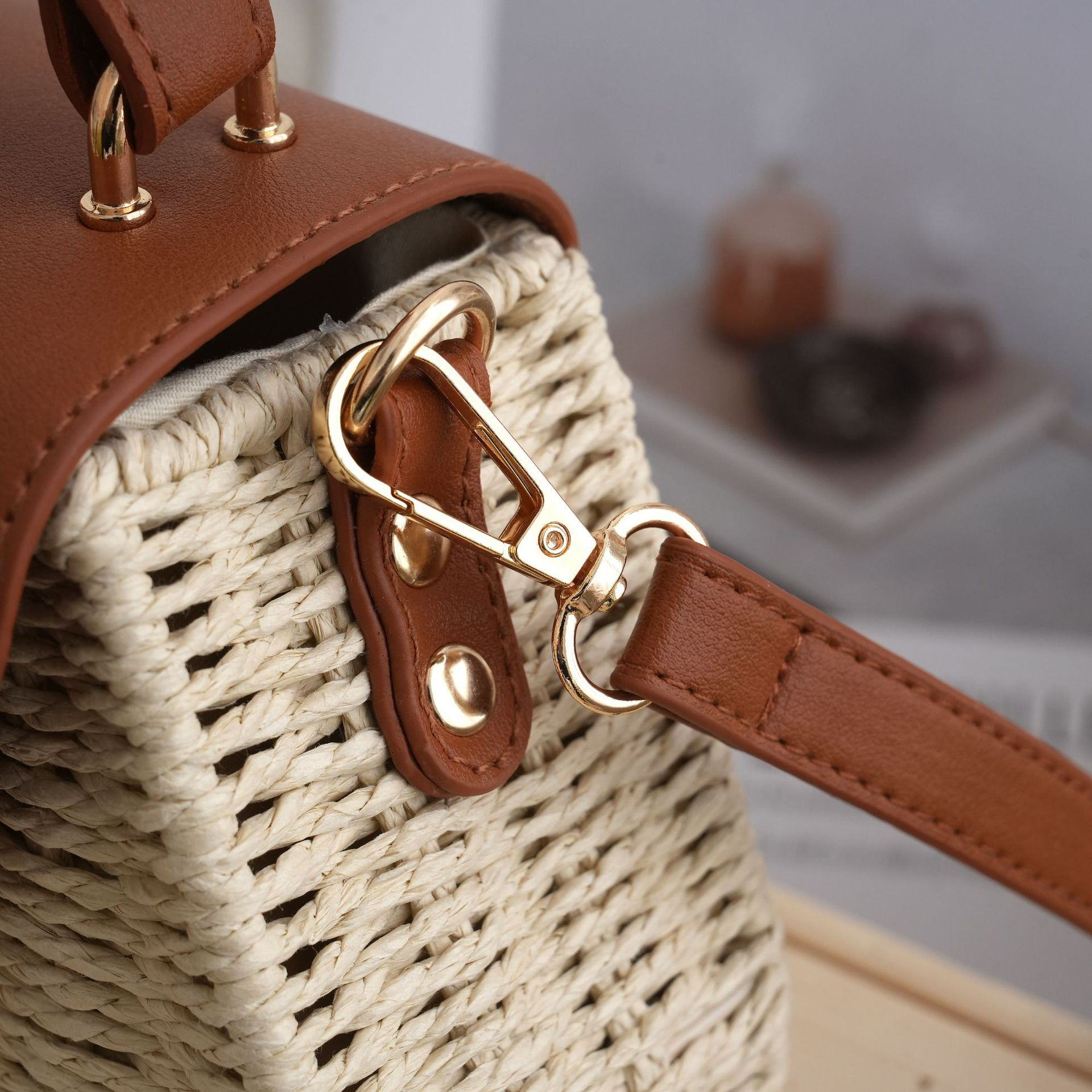Paper Woven Mini Satchel Straw Crossbody Bag, Urban Minimalist Metal Lock Flap Top Handle Purse, Small Oval Spring 2026 Daily Handbag