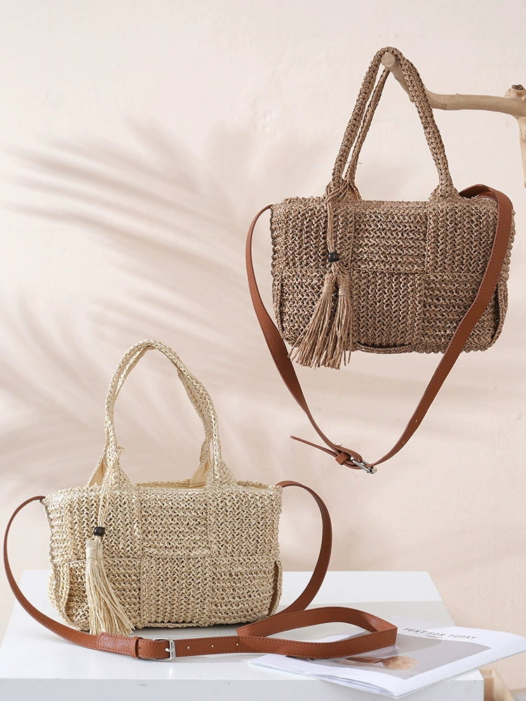 Tassel Accent Woven Straw Tote Bag, Street Style Zipper Crossbody Handbag, Medium Horizontal Square Spring 2026 Daily Purse in Khaki, Off White