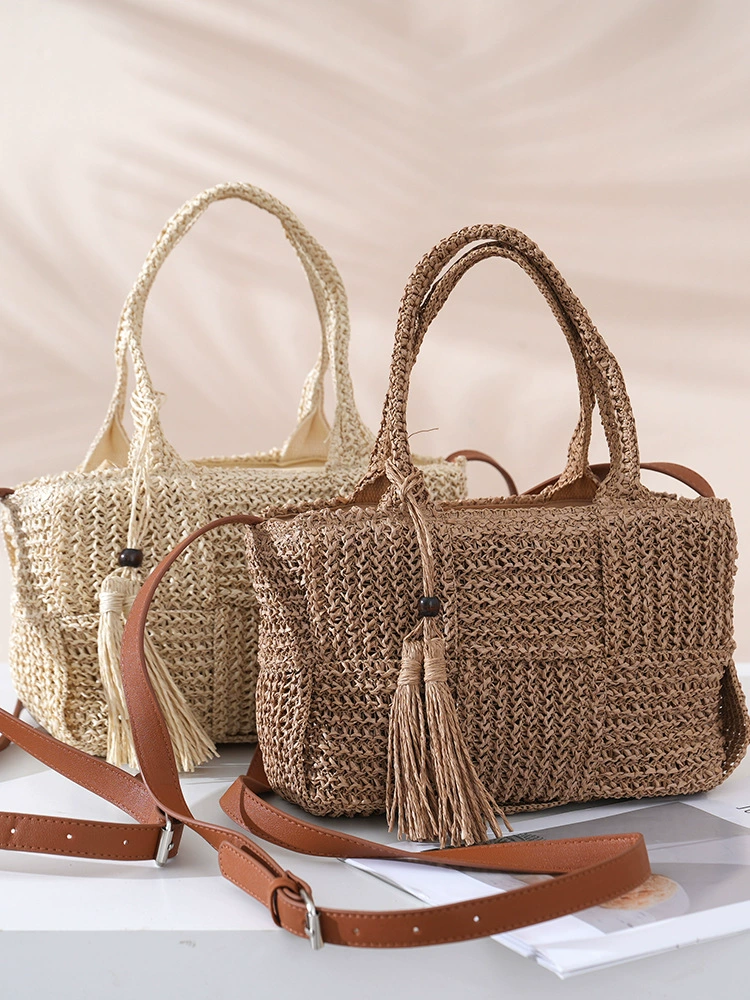 Tassel Accent Woven Straw Tote Bag, Street Style Zipper Crossbody Handbag, Medium Horizontal Square Spring 2026 Daily Purse in Khaki, Off White