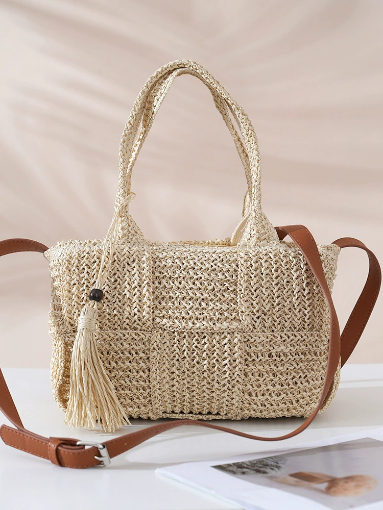 Tassel Accent Woven Straw Tote Bag, Street Style Zipper Crossbody Handbag, Medium Horizontal Square Spring 2026 Daily Purse in Khaki, Off White