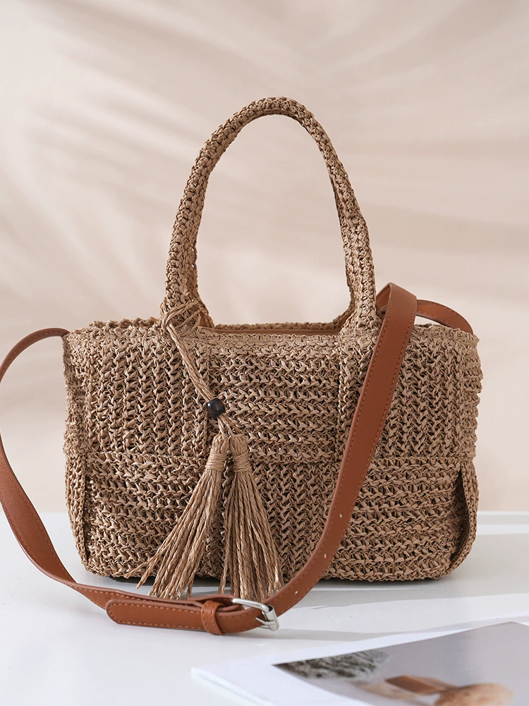 Tassel Accent Woven Straw Tote Bag, Street Style Zipper Crossbody Handbag, Medium Horizontal Square Spring 2026 Daily Purse in Khaki, Off White
