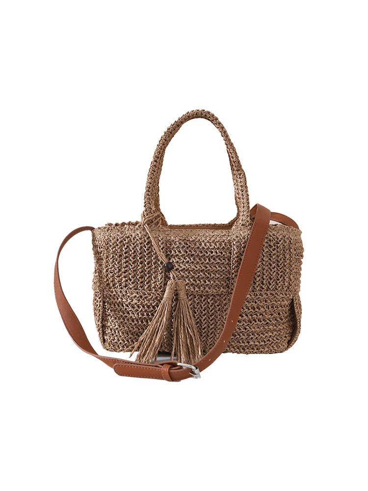 Tassel Accent Woven Straw Tote Bag, Street Style Zipper Crossbody Handbag, Medium Horizontal Square Spring 2026 Daily Purse in Khaki, Off White