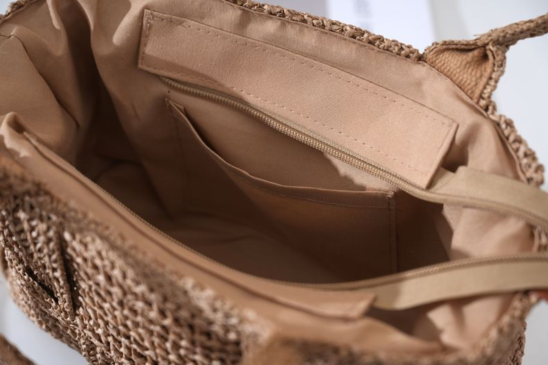 Tassel Accent Woven Straw Tote Bag, Street Style Zipper Crossbody Handbag, Medium Horizontal Square Spring 2026 Daily Purse in Khaki, Off White
