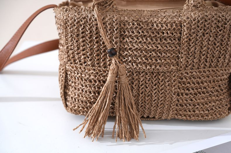 Tassel Accent Woven Straw Tote Bag, Street Style Zipper Crossbody Handbag, Medium Horizontal Square Spring 2026 Daily Purse in Khaki, Off White