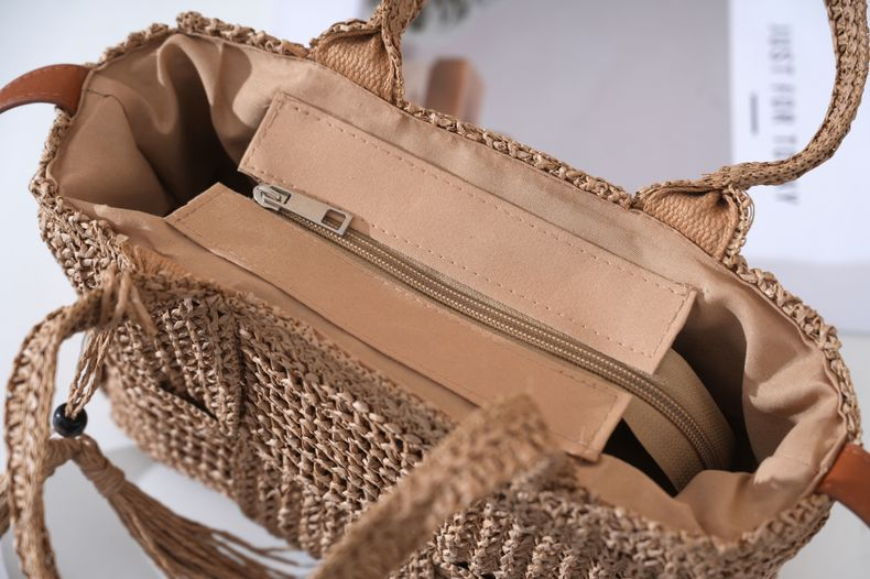 Tassel Accent Woven Straw Tote Bag, Street Style Zipper Crossbody Handbag, Medium Horizontal Square Spring 2026 Daily Purse in Khaki, Off White