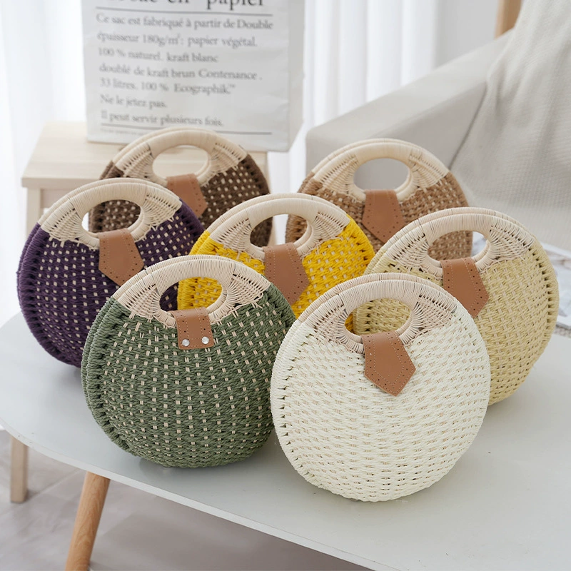 Round Oval Straw Woven Top Handle Handbag, Sweet Fresh Flap Portable Straw Purse, Medium Multi-color Beach Daily Hand Bag (7 Color Options)