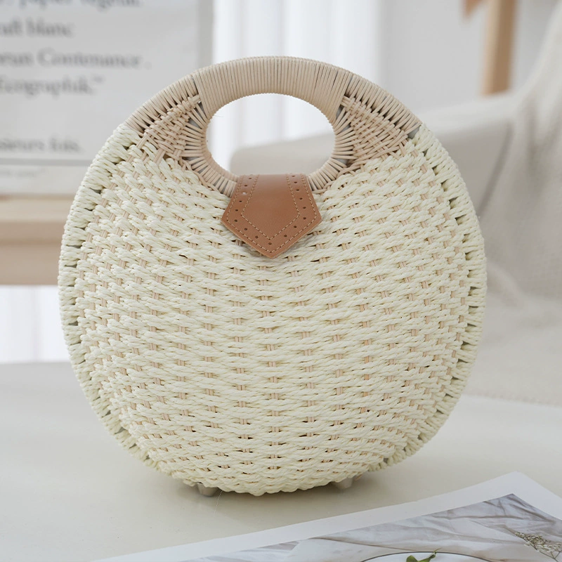 Round Oval Straw Woven Top Handle Handbag, Sweet Fresh Flap Portable Straw Purse, Medium Multi-color Beach Daily Hand Bag (7 Color Options)