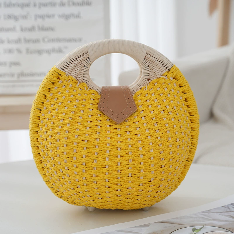 Round Oval Straw Woven Top Handle Handbag, Sweet Fresh Flap Portable Straw Purse, Medium Multi-color Beach Daily Hand Bag (7 Color Options)