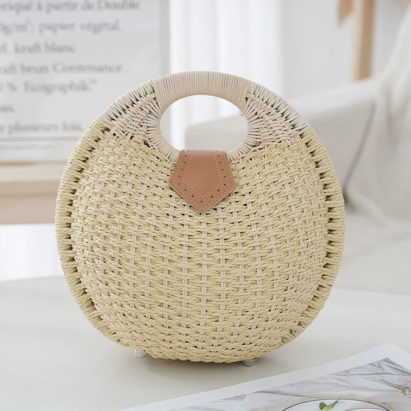 Round Oval Straw Woven Top Handle Handbag, Sweet Fresh Flap Portable Straw Purse, Medium Multi-color Beach Daily Hand Bag (7 Color Options)