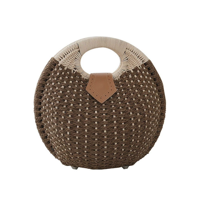 Round Oval Straw Woven Top Handle Handbag, Sweet Fresh Flap Portable Straw Purse, Medium Multi-color Beach Daily Hand Bag (7 Color Options)
