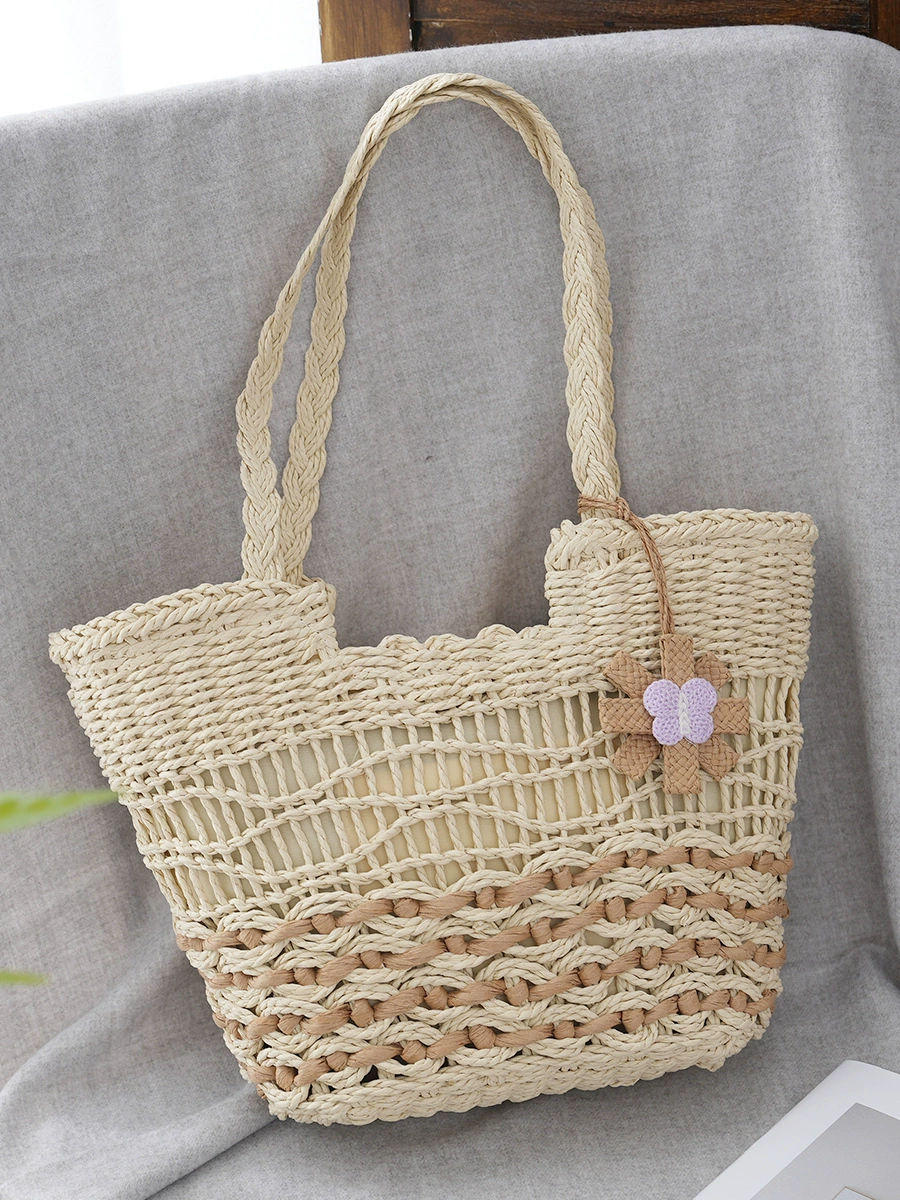 Floral Ornament Hollow Paper Straw Tote Bag, Street Trend Zipper Shoulder Shopper Purse, Medium Horizontal Square Summer 2023 Daily Handbag in Off White, Khaki