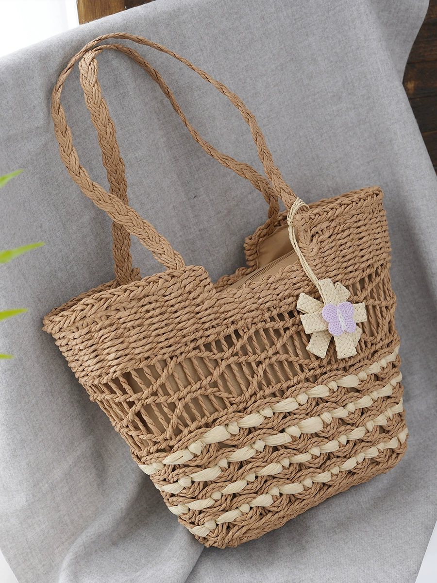 Floral Ornament Hollow Paper Straw Tote Bag, Street Trend Zipper Shoulder Shopper Purse, Medium Horizontal Square Summer 2023 Daily Handbag in Off White, Khaki