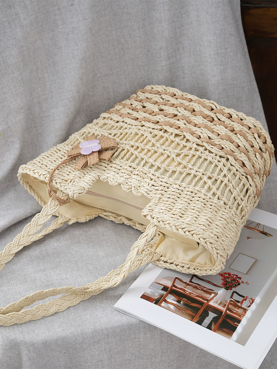 Floral Ornament Hollow Paper Straw Tote Bag, Street Trend Zipper Shoulder Shopper Purse, Medium Horizontal Square Summer 2023 Daily Handbag in Off White, Khaki