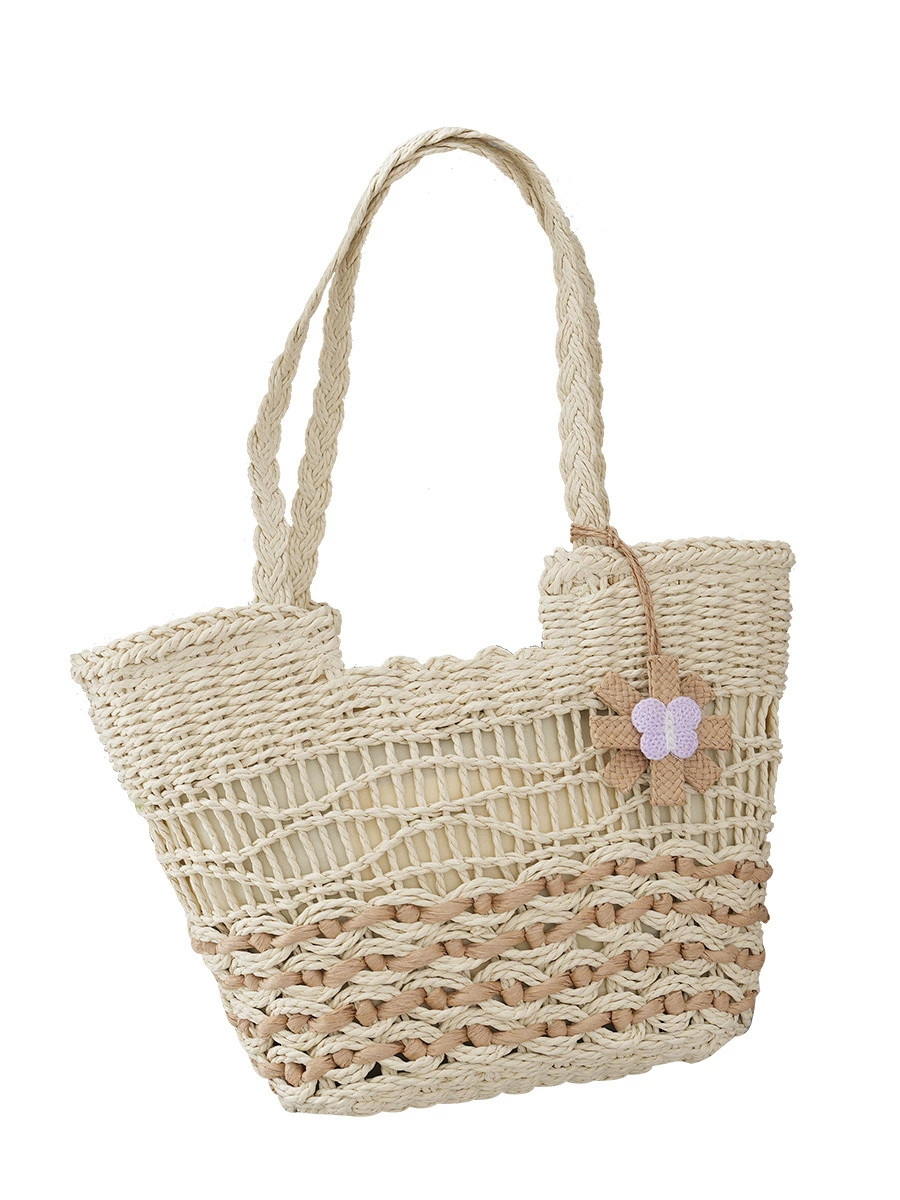 Floral Ornament Hollow Paper Straw Tote Bag, Street Trend Zipper Shoulder Shopper Purse, Medium Horizontal Square Summer 2023 Daily Handbag in Off White, Khaki