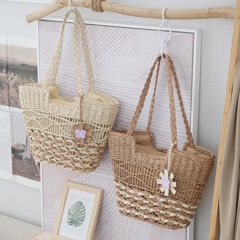 Floral Ornament Hollow Paper Straw Tote Bag, Street Trend Zipper Shoulder Shopper Purse, Medium Horizontal Square Summer 2023 Daily Handbag in Off White, Khaki