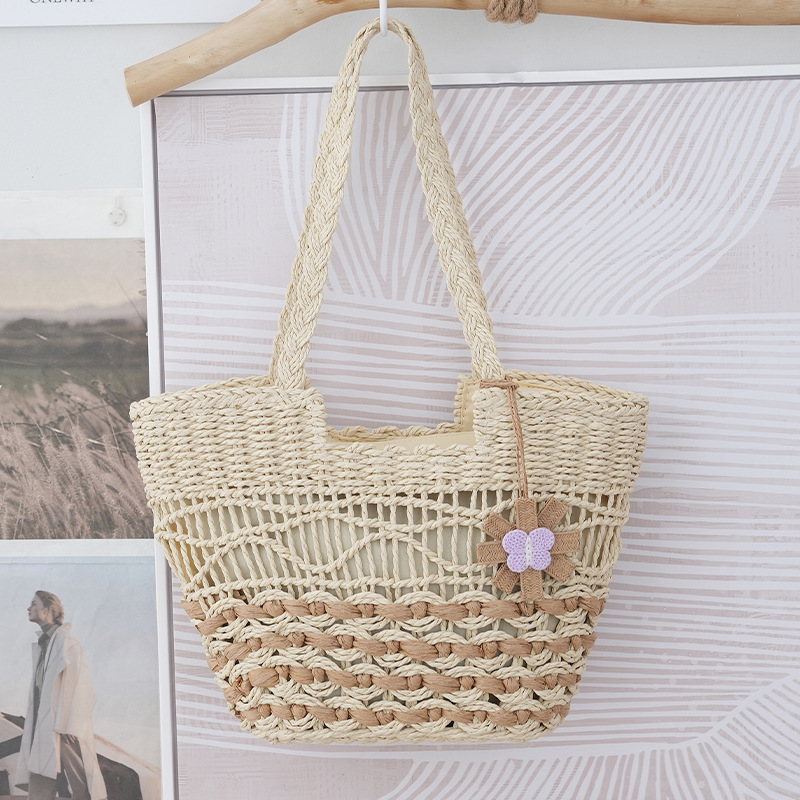 Floral Ornament Hollow Paper Straw Tote Bag, Street Trend Zipper Shoulder Shopper Purse, Medium Horizontal Square Summer 2023 Daily Handbag in Off White, Khaki