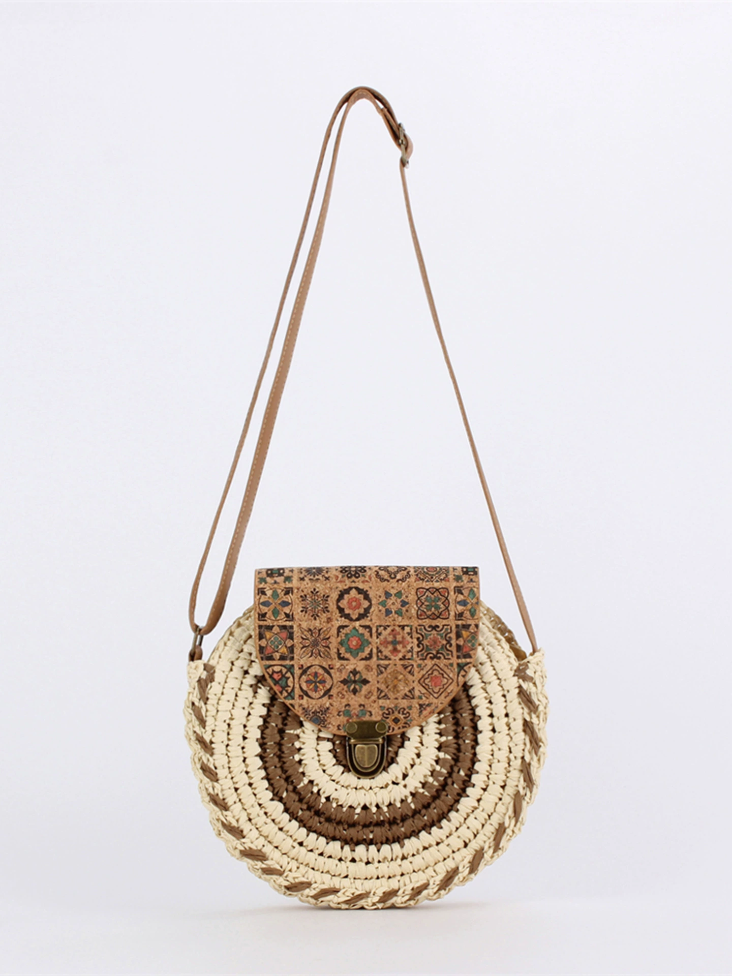 Vintage Bohemian Round Paper Woven Crossbody Bag, Retro Tile Print Flap Buckle Adjustable Strap Small Circular Purse, 3 Color Options Daily Casual Shoulder Bag (Camel, Beige, Dark Brown)