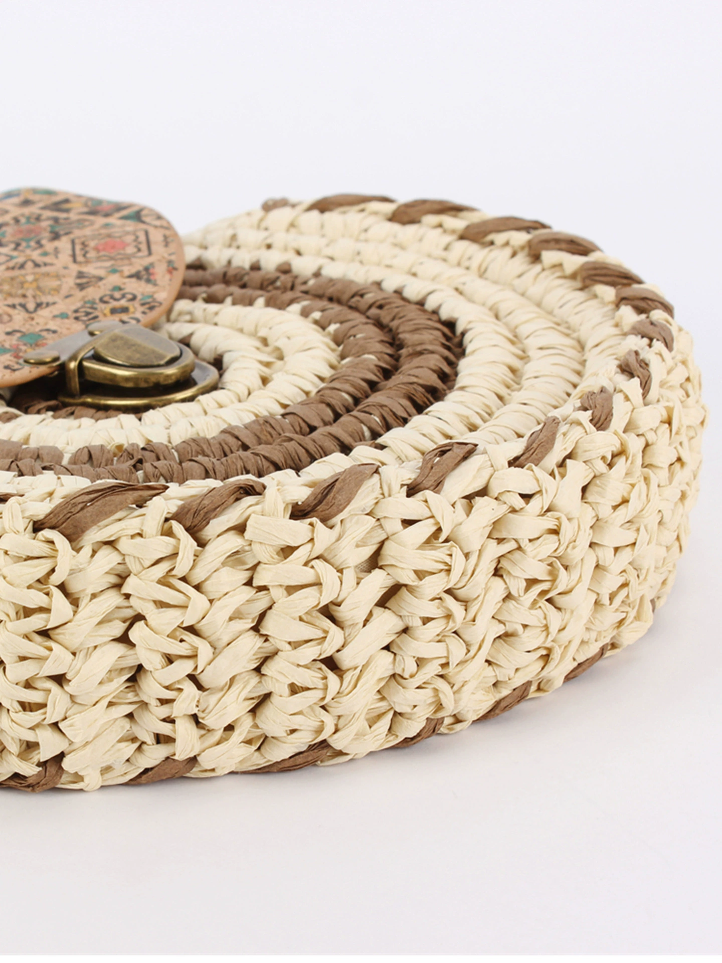 Vintage Bohemian Round Paper Woven Crossbody Bag, Retro Tile Print Flap Buckle Adjustable Strap Small Circular Purse, 3 Color Options Daily Casual Shoulder Bag (Camel, Beige, Dark Brown)