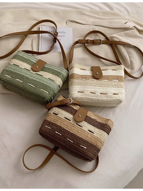 Color Block Striped Straw Crossbody Bag, Minimal Urban Style Adjustable Strap Small Woven Shoulder Purse, Spring 2024 Daily Bag in Off White, Light Green, Dark Brown