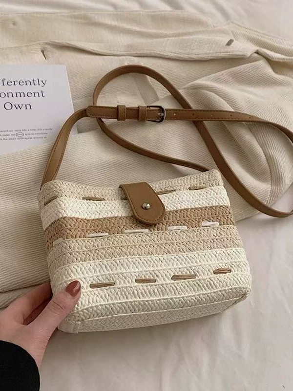 Color Block Striped Straw Crossbody Bag, Minimal Urban Style Adjustable Strap Small Woven Shoulder Purse, Spring 2024 Daily Bag in Off White, Light Green, Dark Brown