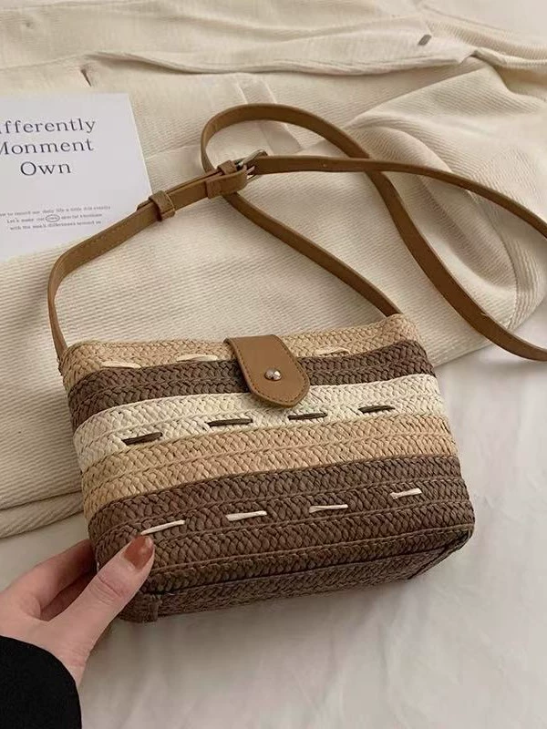 Color Block Striped Straw Crossbody Bag, Minimal Urban Style Adjustable Strap Small Woven Shoulder Purse, Spring 2024 Daily Bag in Off White, Light Green, Dark Brown