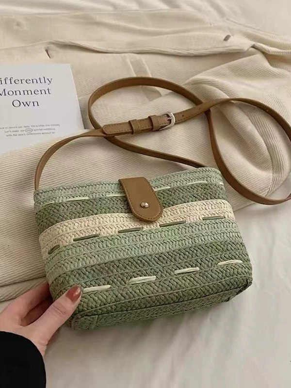 Color Block Striped Straw Crossbody Bag, Minimal Urban Style Adjustable Strap Small Woven Shoulder Purse, Spring 2024 Daily Bag in Off White, Light Green, Dark Brown
