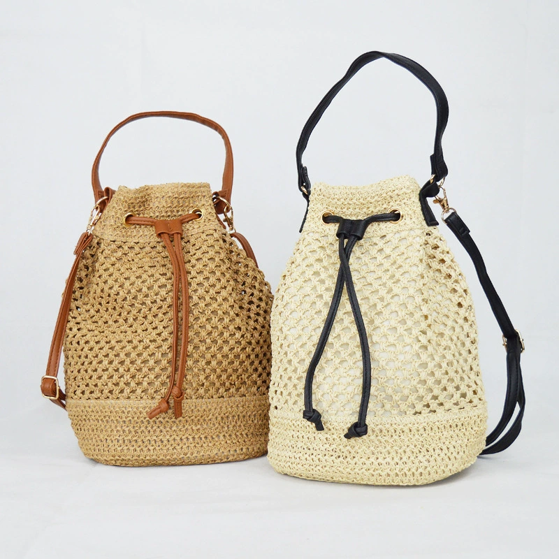 Drawstring Bucket Straw Tote Bag, Artistic Chinese Style Hollow Woven Shoulder Purse, Medium Oval Spring 2023 Daily Handbag in Khaki, Off White, Cream White