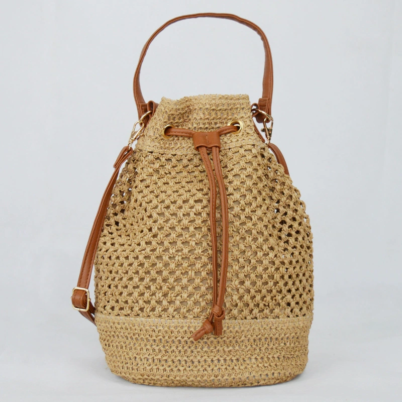 Drawstring Bucket Straw Tote Bag, Artistic Chinese Style Hollow Woven Shoulder Purse, Medium Oval Spring 2023 Daily Handbag in Khaki, Off White, Cream White