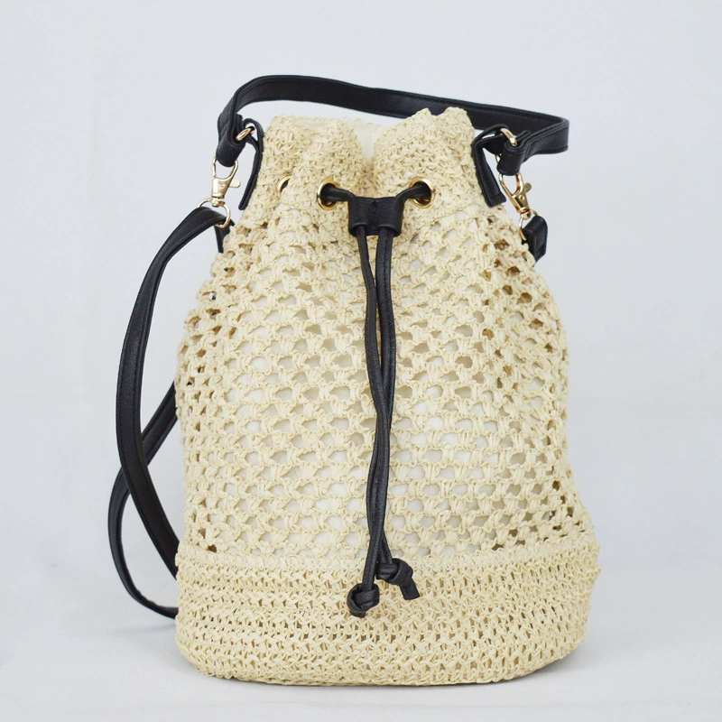 Drawstring Bucket Straw Tote Bag, Artistic Chinese Style Hollow Woven Shoulder Purse, Medium Oval Spring 2023 Daily Handbag in Khaki, Off White, Cream White