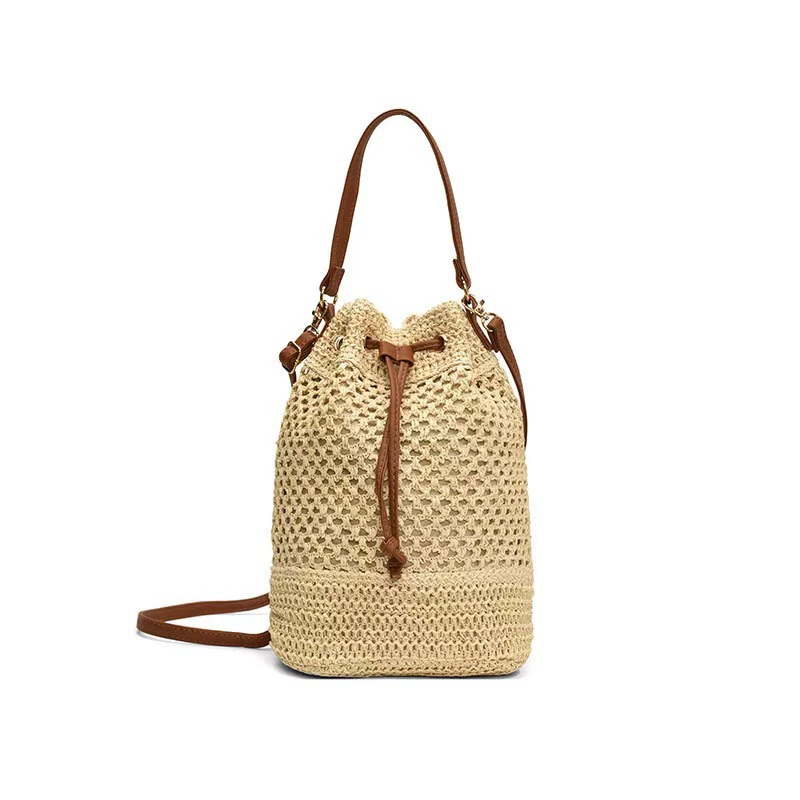 Drawstring Bucket Straw Tote Bag, Artistic Chinese Style Hollow Woven Shoulder Purse, Medium Oval Spring 2023 Daily Handbag in Khaki, Off White, Cream White