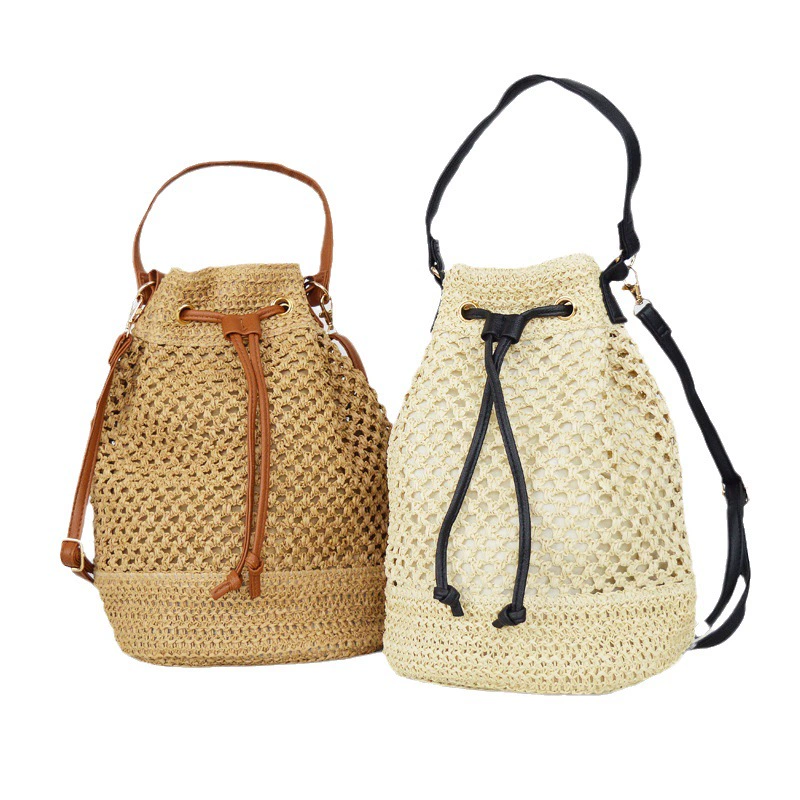 Drawstring Bucket Straw Tote Bag, Artistic Chinese Style Hollow Woven Shoulder Purse, Medium Oval Spring 2023 Daily Handbag in Khaki, Off White, Cream White