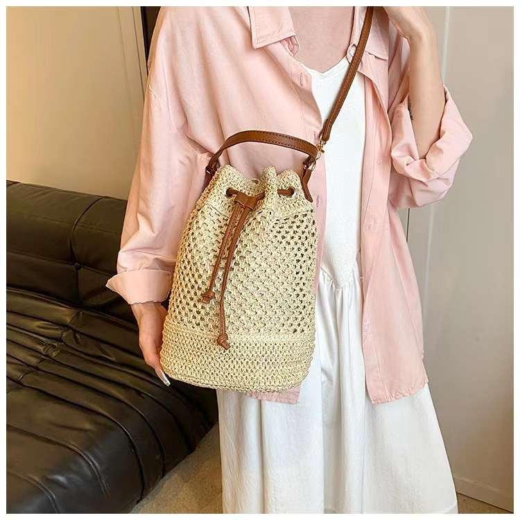 Drawstring Bucket Straw Tote Bag, Artistic Chinese Style Hollow Woven Shoulder Purse, Medium Oval Spring 2023 Daily Handbag in Khaki, Off White, Cream White
