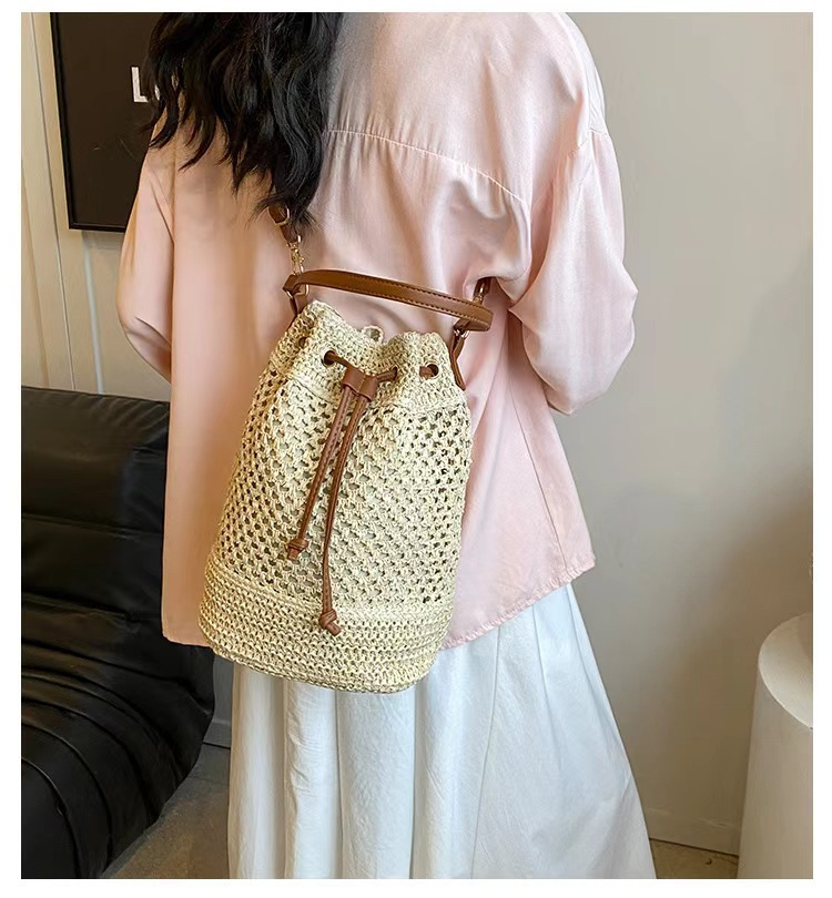 Drawstring Bucket Straw Tote Bag, Artistic Chinese Style Hollow Woven Shoulder Purse, Medium Oval Spring 2023 Daily Handbag in Khaki, Off White, Cream White