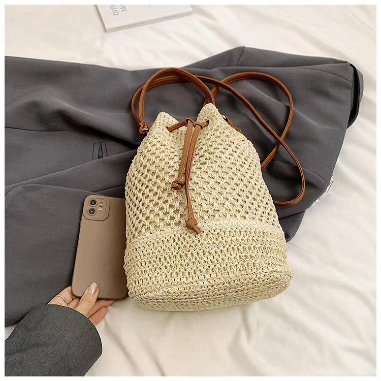 Drawstring Bucket Straw Tote Bag, Artistic Chinese Style Hollow Woven Shoulder Purse, Medium Oval Spring 2023 Daily Handbag in Khaki, Off White, Cream White